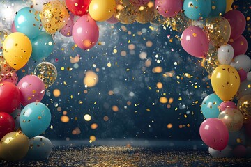 Festive balloon arch with confetti