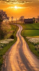 Obraz premium Winding country road at sunset