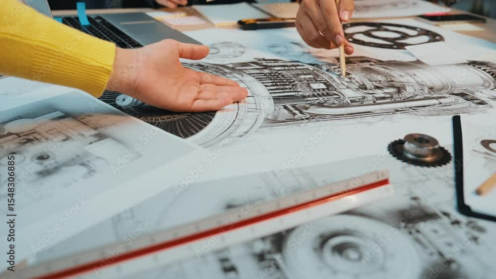 Poster engineers collaborate in a bright workshop, sketching engine designs and discussing innovative solut