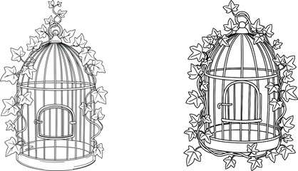 Two Outline Birdcages Encircled by Ivy Vine, Decorative Illustration