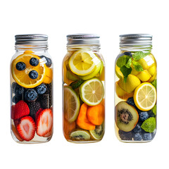 Repeat of cold beverage jars made from hollow fruits, subtle variations in style, white background