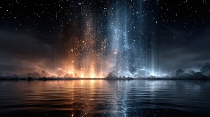 A stunning sky blends vibrant hues of orange and blue as stars twinkle above a tranquil water surface at twilight. Reflections create a mesmerizing landscape.