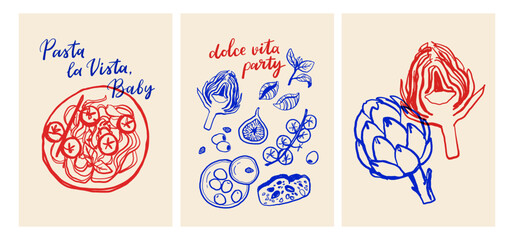 La dolce vita vintage posters. Italian Summer Line Art Vector Set with Pasta, Mozzarella, Coffee, Seafood and Herbs. Vector illustration ink doodle sketch style.