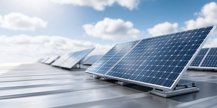 Solar panels arrayed on a rooftop, harvesting sunlight for renewable energy. The panels are a striking contrast against the blue sky and fluffy clouds.