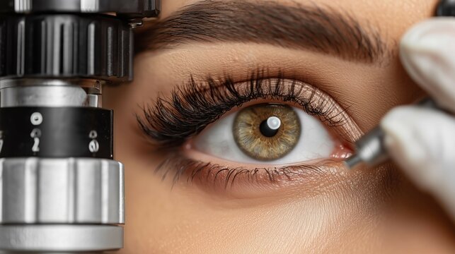 Detailed close-up of a brown human eye during an eye examination, showing clarity of the iris and medical assessment environment. Ideal for healthcare and vision-related themes