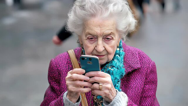 Elderly woman using smartphone, adjusting font size for readability with accessibility settings enabled