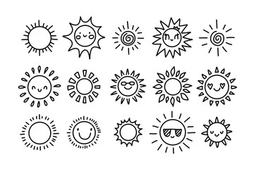 Cute hand-drawn sun icons set in black and white. Doodle style smiling suns with faces, sunglasses, hearts, and kawaii elements. Perfect for coloring pages, stickers, kids art, or summer design.