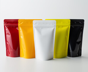 Set of blank doypack pouches with spouts for food, water, or drink in different colors on a white background
