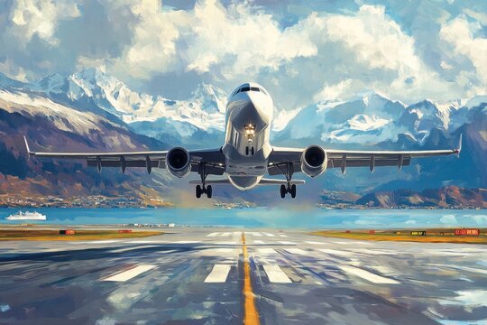 Airplane landing on runway against a mountain backdrop - Powered by Adobe