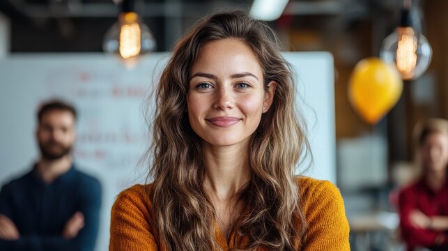 This image features a young woman smiling confidently in a modern workspace, signifying empowerment, positivity, and the vibrancy of contemporary professional life and personal growth.