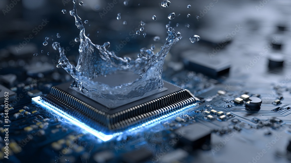 Poster abstract water splash on modern microchip circuit board technology digital art background image high