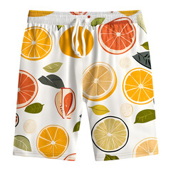 Repeating set of board shorts with geometric fruit slice prints, modern and tiled on white