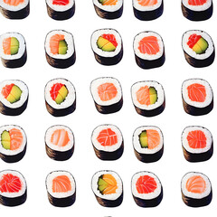 Repeating pattern of rolled swimsuits shaped like layered sushi, vibrant and clean on white