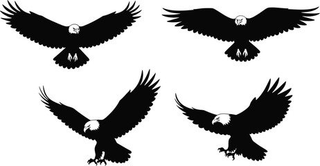 Silhouettes of seven birds in flight creating a sense of movement on a white canvas
