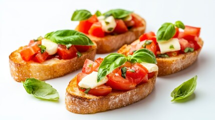 Four Bruschetta Toasted Bread with Tomatoes, Mozzarella, and Basil