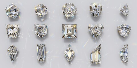 Fifteen diamonds of rare cut styles on white background