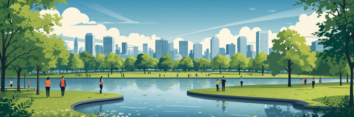 Flat vector panoramic city park with lake trees people walking and skyline behind flat modern design vector-friendly