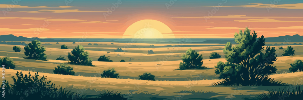 Poster flat vector panoramic flatland prairie with scattered bushes and sunset horizon minimal color scheme