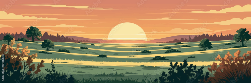 Poster flat vector panoramic flatland prairie with scattered bushes and sunset horizon minimal color scheme