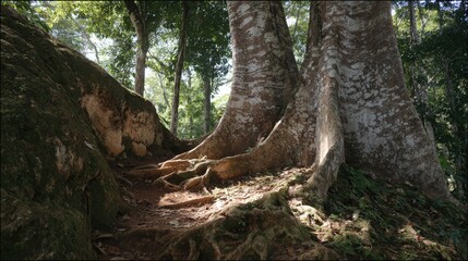 Close-up view of thick tree root systems and base with monkey scratch patterns on bark