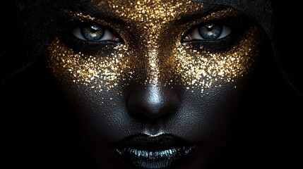 Mesmerizing portrait of a woman with glittering gold makeup and hypnotic eyes