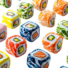 Seamless pattern of mini beach towels rolled like sushi, colorful and detailed, on clean white background