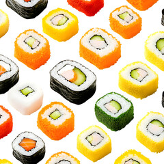 Seamless pattern of mini beach towels rolled like sushi, colorful and detailed, on clean white background