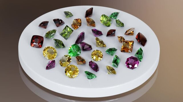 Sparkling colorful garnet gemstones rotating on white tray. Seamless loop 3D animation