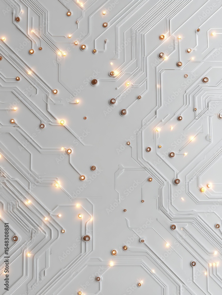 Poster white circuit board background with glowing lines and nodes
