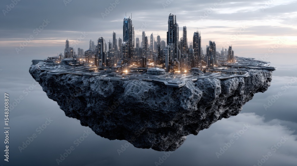Aufkleber a floating city hovers in the sky, featuring sleek skyscrapers and luminous lights. the structure is