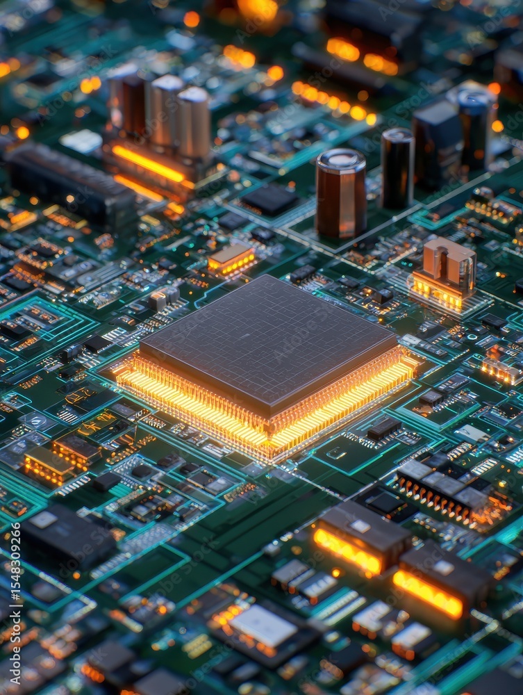 Poster detailed view of a microchip on a circuit board with illuminated components at night