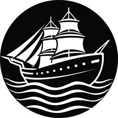 Isolated ship on sea with sails and travel theme in nautical illustration silhouette vector