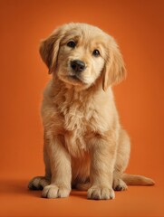 Adorable golden retriever puppy sitting on a bright orange background, looking at the camera with a curious expression.