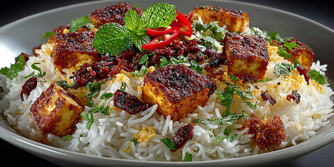 Tofu biryani with rice, garnished with mint leaves and red chilies in white bowl on isolated background. Indian dish
