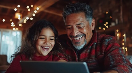 An affectionate moment between a grandfather and his granddaughter as they share a laugh while looking at a tablet screen, capturing the essence of family bonding and joy.