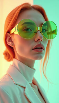 A stylish woman with vibrant orange hair poses in oversized green sunglasses, exuding a modern and artistic vibe against a colorful backdrop.