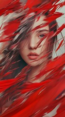 Creative portrait of a woman with flowing red elements in an artistic style