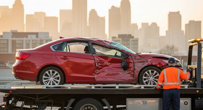 Red car after a severe accident being towed away by a tow truck. Roadside assistance professional helping with vehicle removal and transportation.