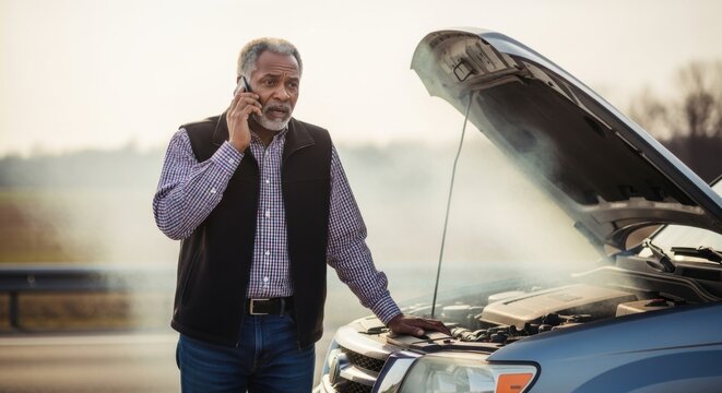 An african american man stands by his broken-down car on the roadside, calling for assistance with the engine smoking.