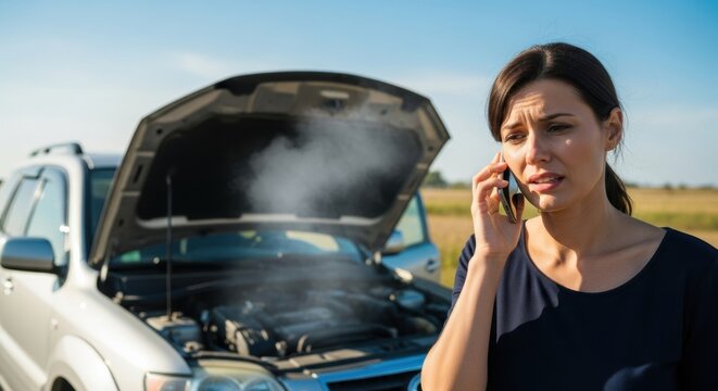 Upset woman calling for help roadside after car breaks down, with smoke coming from the open hood of her vehicle. Auto accident concept.