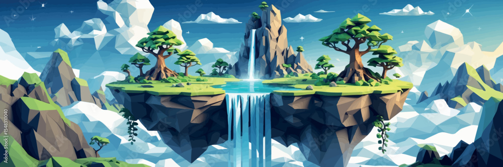 Poster low poly vector floating island with trees waterfall and dreamy clouds