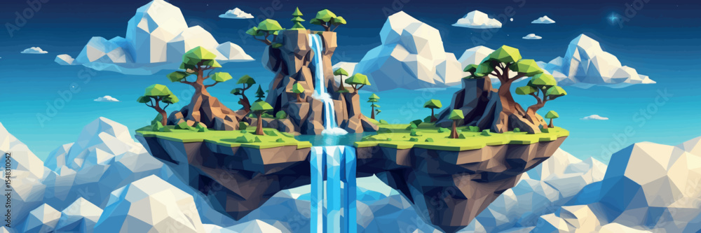Poster low poly vector floating island with trees waterfall and dreamy clouds