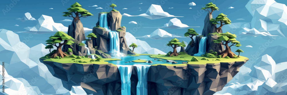 Poster low poly vector floating island with trees waterfall and dreamy clouds