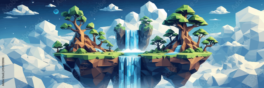 Poster low poly vector floating island with trees waterfall and dreamy clouds