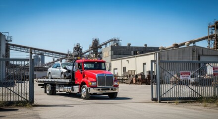 Red tow truck carrying a crashed silver car on its flatbed leaving an industrial plant on a sunny day. Vehicle recovery service concept.