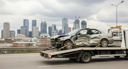 Wrecked car loaded onto a tow truck. Road accident and recovery service. Vehicle collision and transportation for repair or salvage.