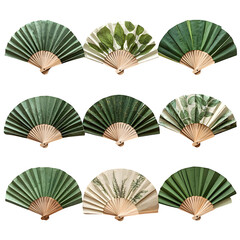 Summer-themed handheld fans made from folded herbs and leaf textures, tiled on white