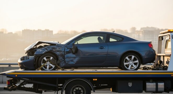 Blue salvage car on tow truck. Vehicle recovery service transporting wrecked automobile after accident. Roadside assistance and car crash concept.