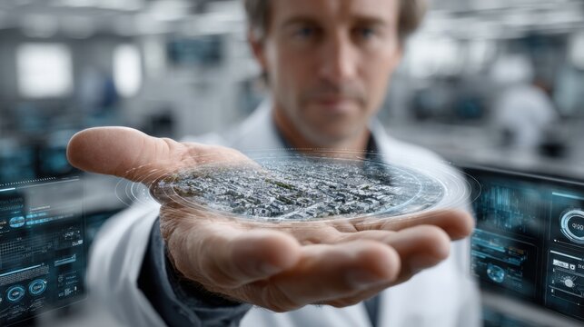 A scientist in a lab coat presents a holographic model of a city landscape in his hand, showcasing cutting-edge technology in a modern research facility.