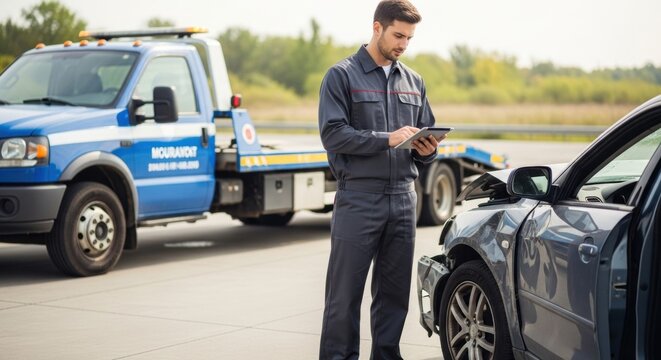 Man uses tablet checking car accident information, damaged vehicle is near a tow truck. Roadside assistance insurance claim after collision.